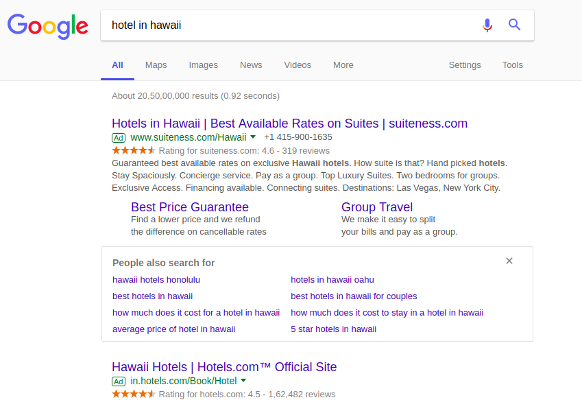 An image showing google serp of Hotel PPC