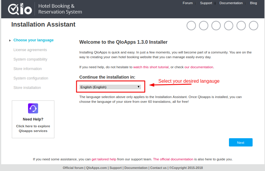 Choose your language for QloApps Installation
