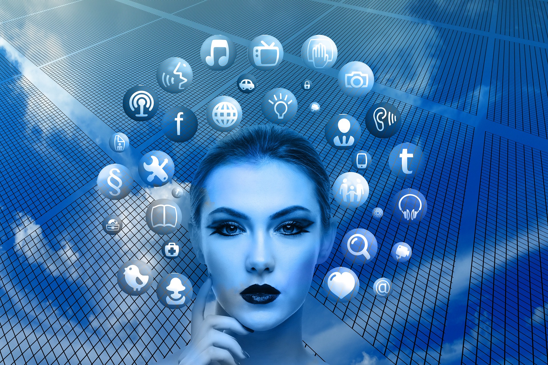 A blue image showing a women with social media icons resembling social listening for hotel marketing in 2019
