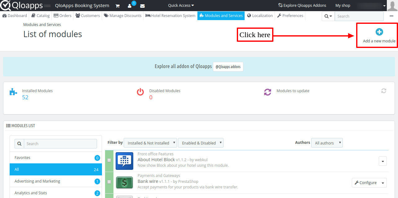 Screenshot of QloApps backoffice showing how to install QloApps Social Live Chat