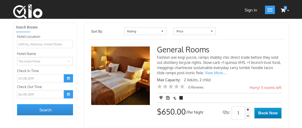 A picture of QloApps product page showing Book Now button on it to optimize product page