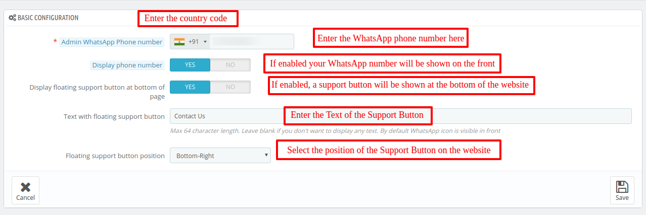 Image showing the Basic configuration of WhatsApp Support and Share module