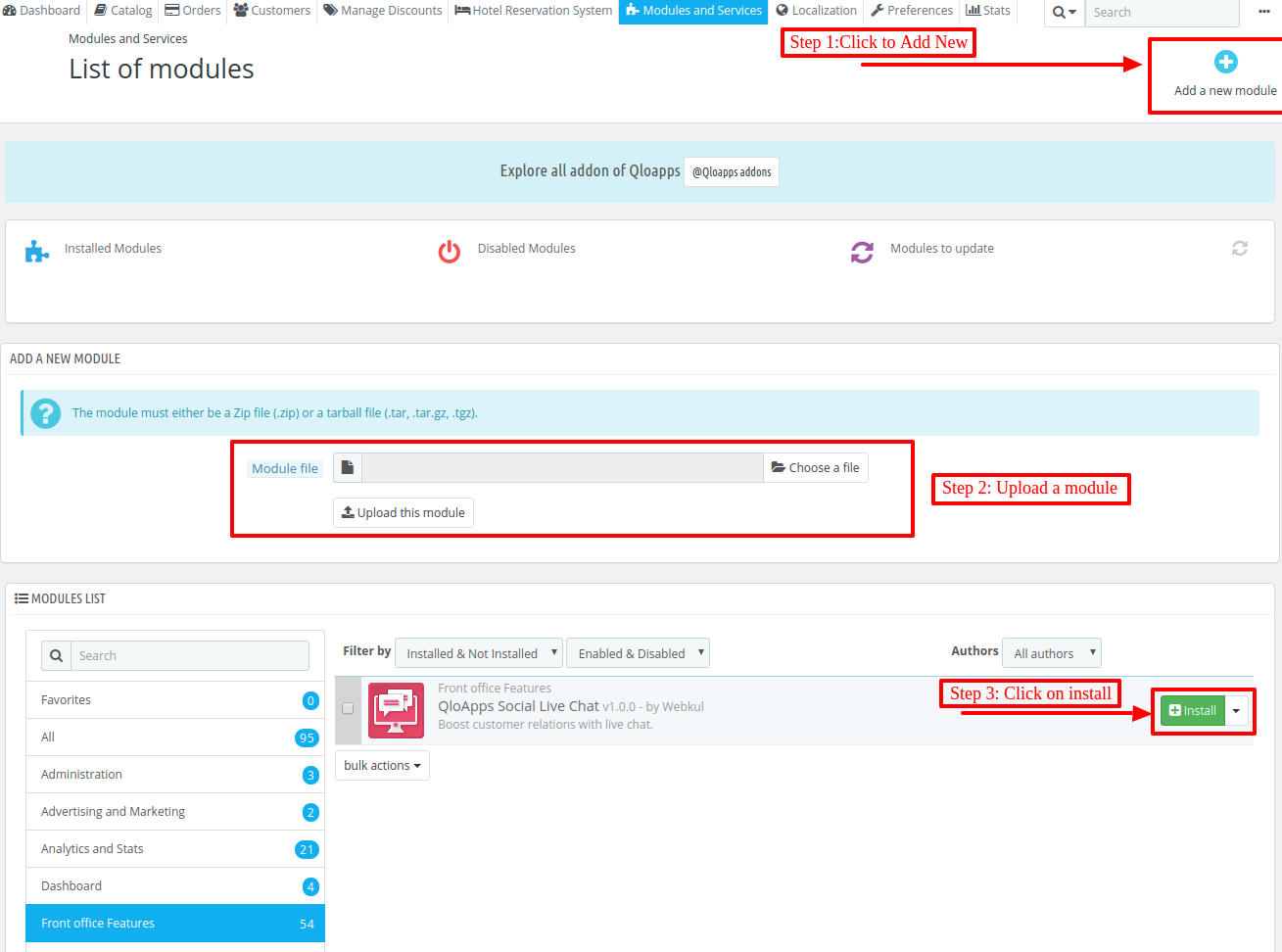 Image showing back office process of QloApps Social Live Chat upload file and install