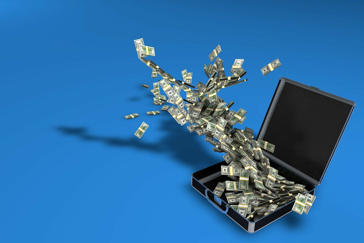 an image of a suitcase full of money with blue background inferring to revenue leakage