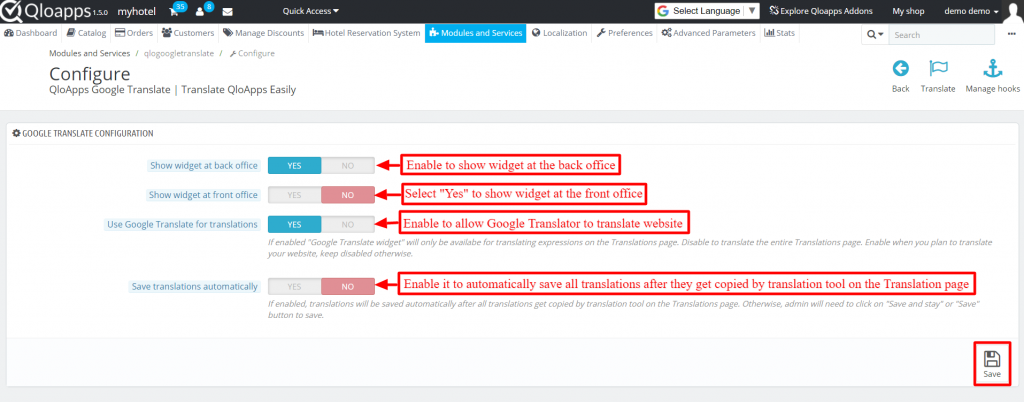 Configuration of QloApps Google Translate