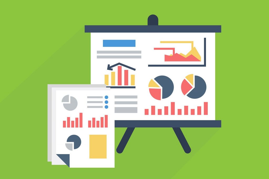 An image with green background showing graphs to depict important hotel reports