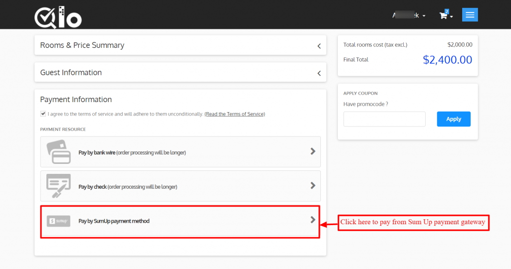 Sum Up Payment method available on the checkout page of QloApps