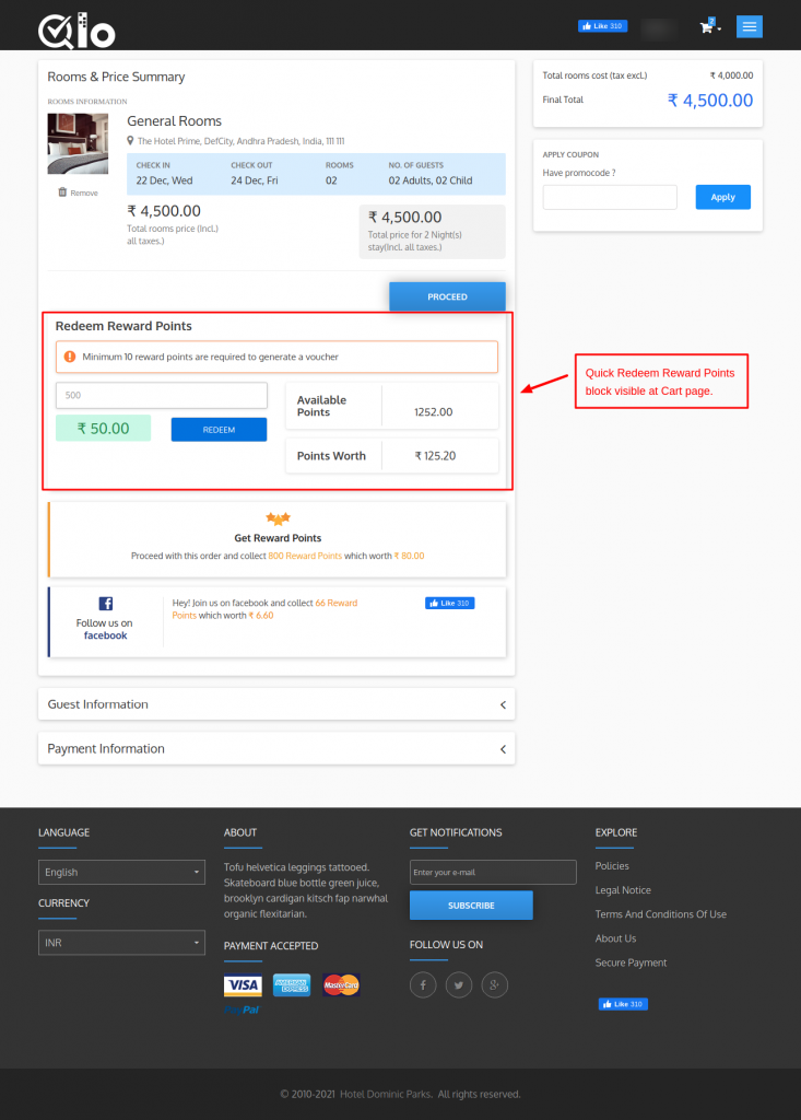 Quick Redeem Reward Points block visible at cart page.