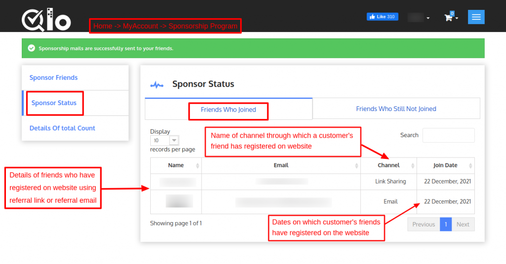 View Sponsor status for friends who joined on front-end in MyAccount in QloApps Reward System add-on.