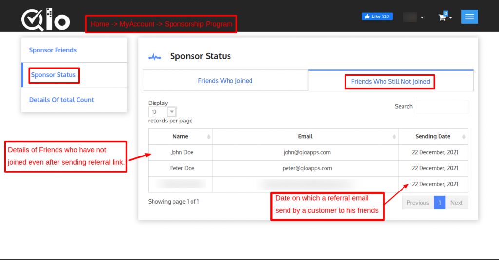 View Sponsor status for friends who still not joined on front-end in MyAccount in QloApps Reward System add-on.