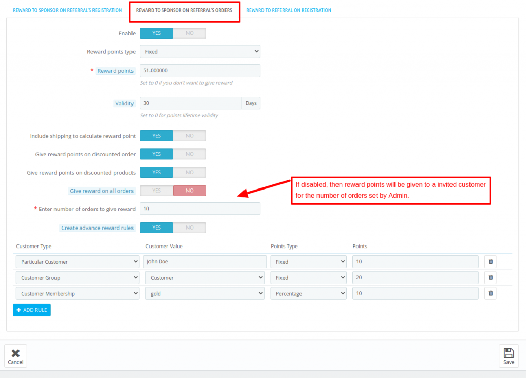 Manage settings for Reward to Sponsor on Referral's orders in QloApps Reward System add-on.