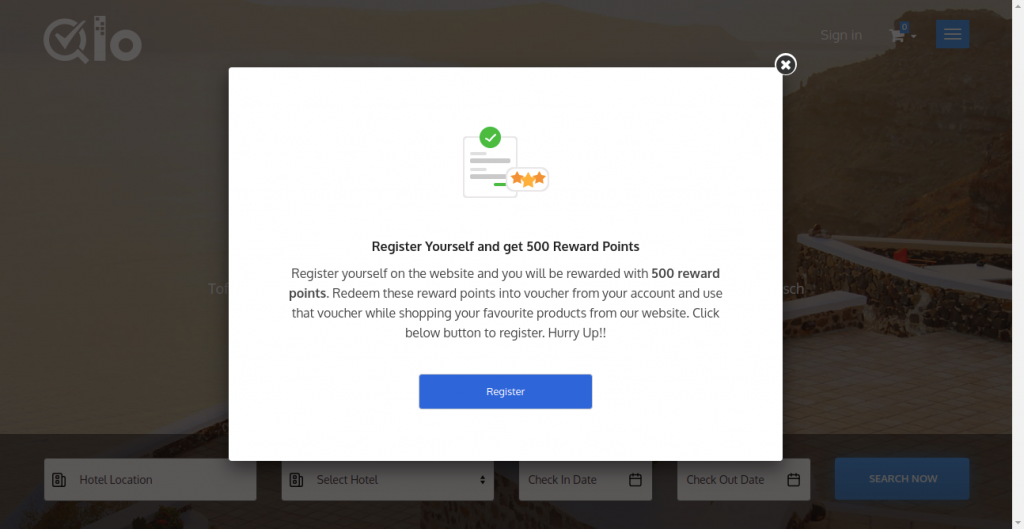 Registration pop-up on front-end in QloApps Reward System add-on.