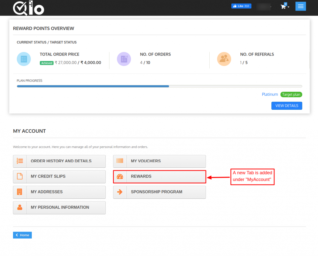 Rewards tab creation in MyAccount of user account on front-end in QloApps Reward System add-on.