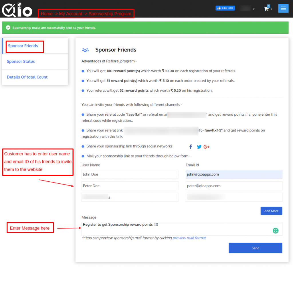 Sponsorship tab - Sponsor friends on front-end in user account in QloApps Reward System add-on.