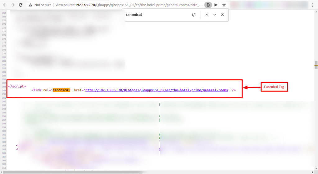 Source code or Front-end view of Canonical Tag using QloApps SEO Optimization module.