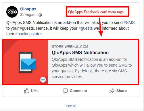 Facebook card generated using Meta Tag Rule technique of QloApps SEO Optimization addon.