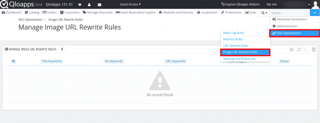 Click on Image URL Rewrite Rules in QloApps SEO Optimization module.