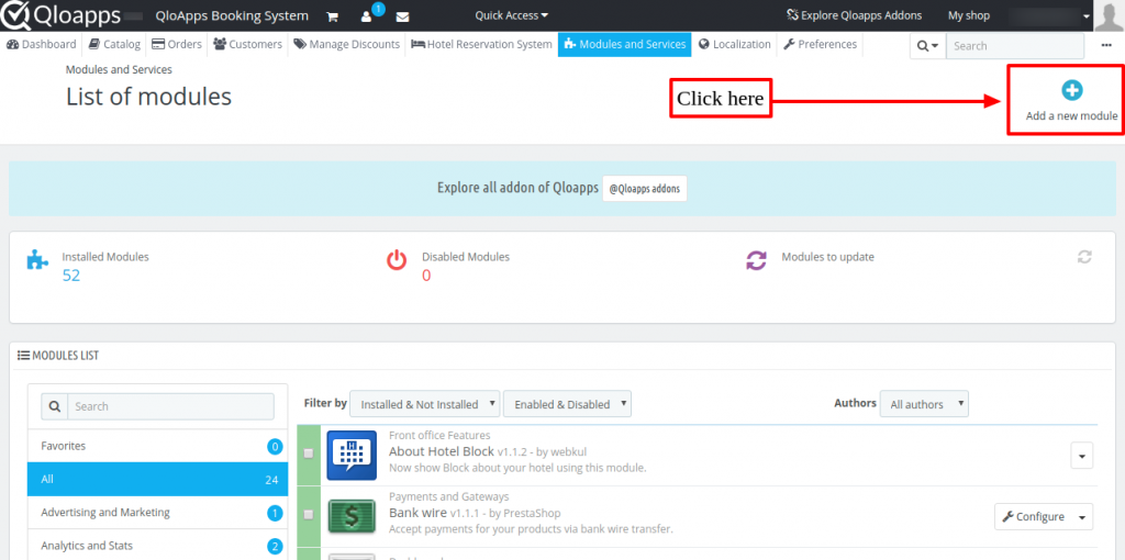 Click on Add new module button to upload zip file of QloApps Reward System.