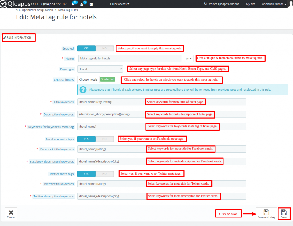 Create or Edit Meta Tag Rule in Meta Tag Rule sub-tab of QloApps SEO Optimization module.