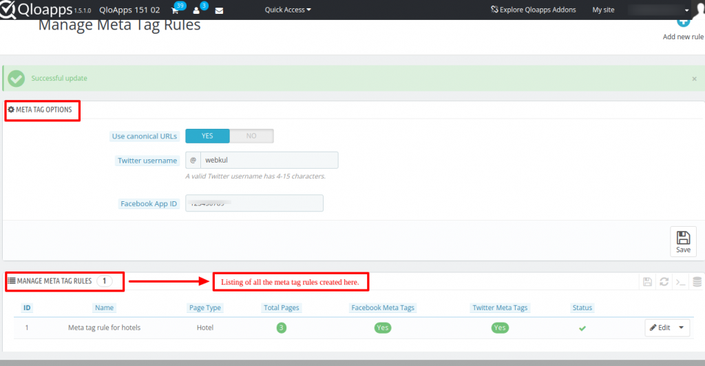 Check listing of all available Meta Tag Rules under Manage Meta Tag Rules sub-tab of QloApps SEO Optimization module.