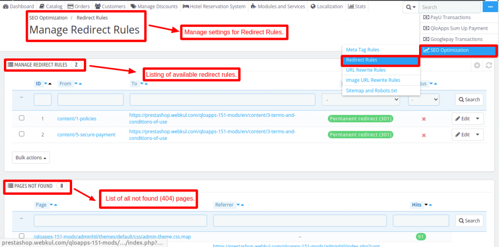 Manage Redirect Rule SEO technique using QloApps SEO Optimization module.