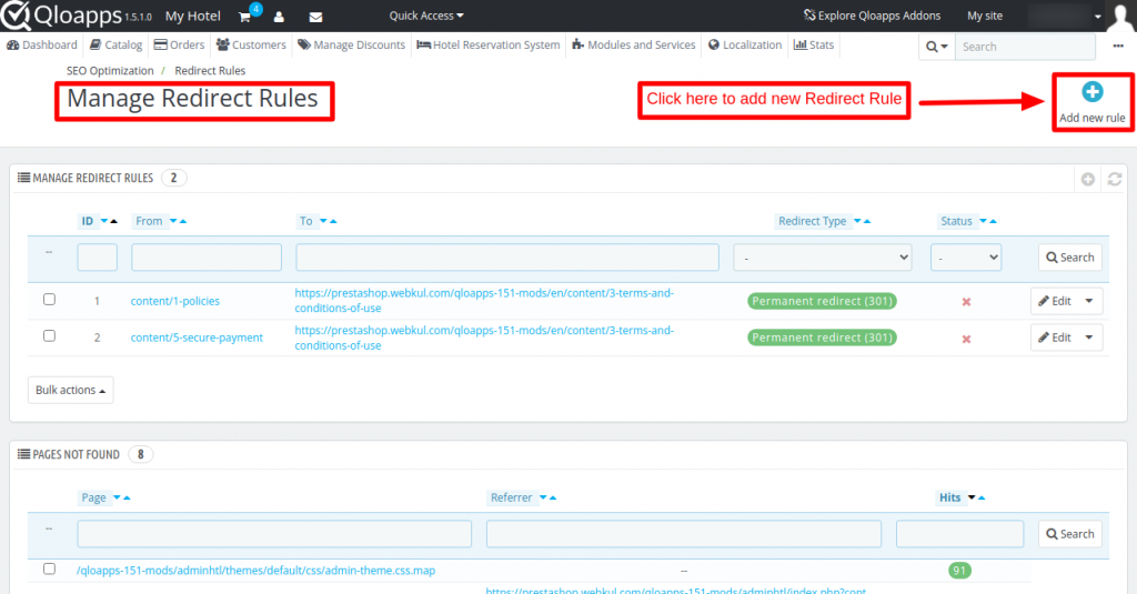 Add Redirect Rule using QloApps SEO Optimization module.