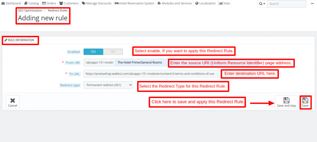 Create or Add new Redirect Rule for Not found pages (404 error pages) using QloApps SEO Optimization module.