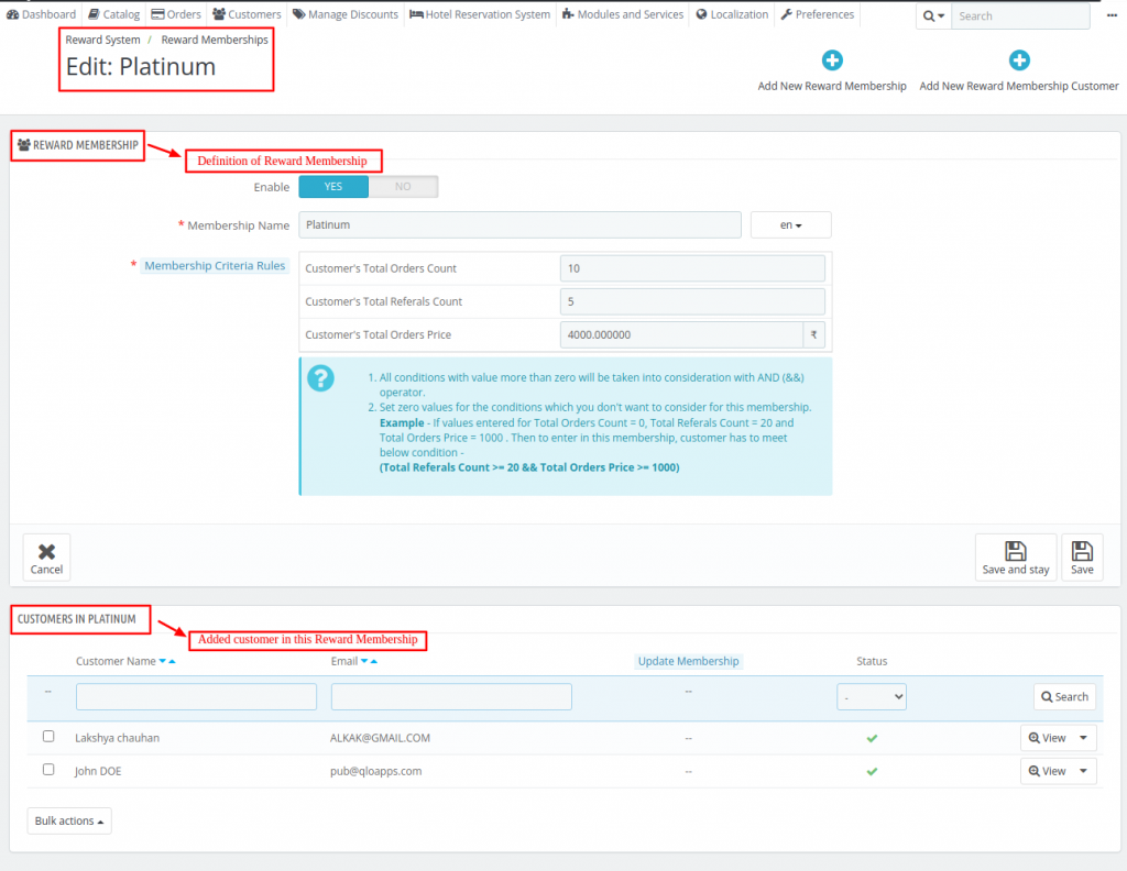 Edit membership plan in QloApps Reward System add-on.