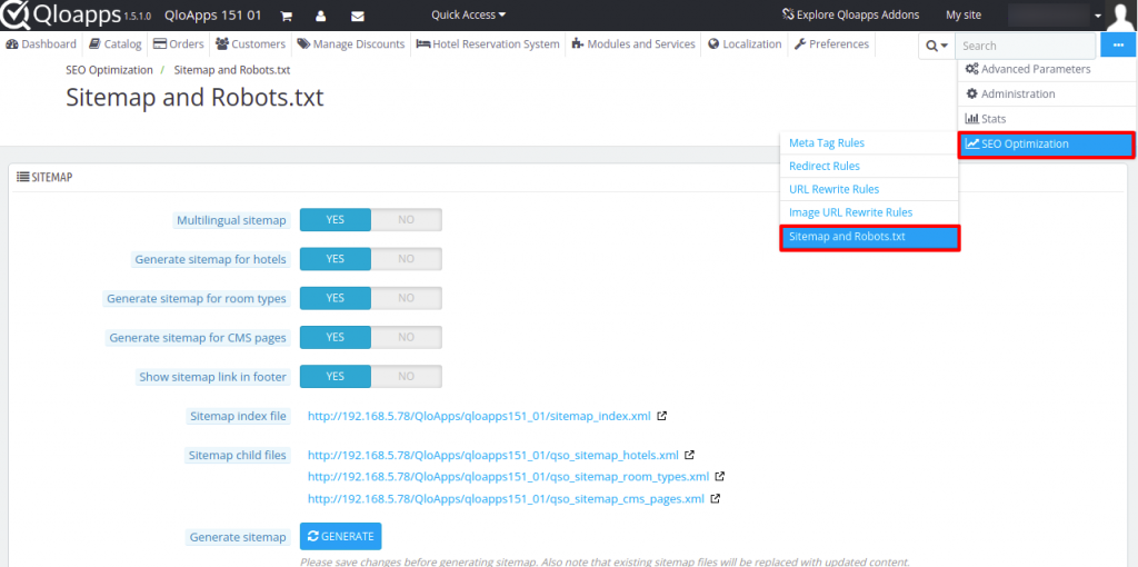 Sitemap and Robots.txt in QloApps SEO Optimization module