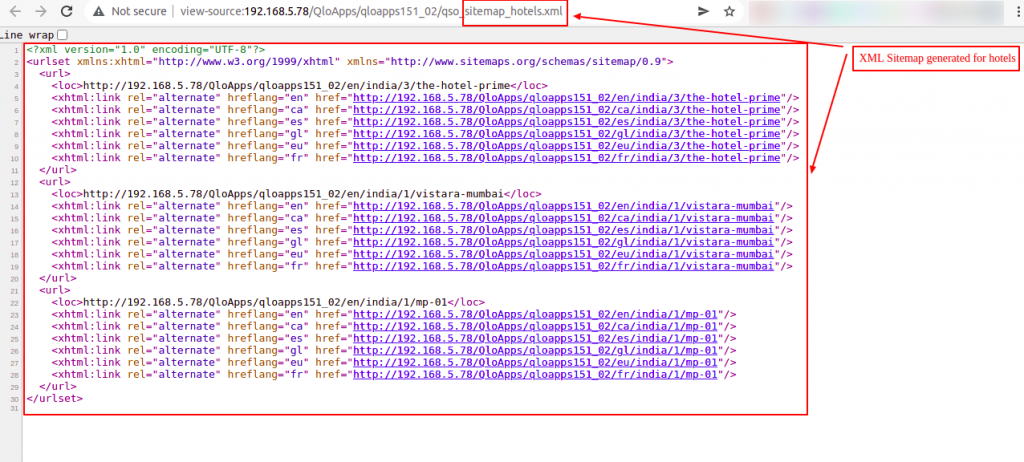 XML Sitemap (child) index file (Hotels page) generated by QloApps SEO Optimizer | Advanced SEO Manager addon.