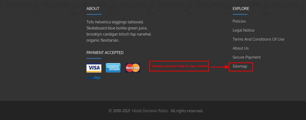 Sitemap structure link on your website's footer using SEO Optimizer | Advanced SEO Manager addon.