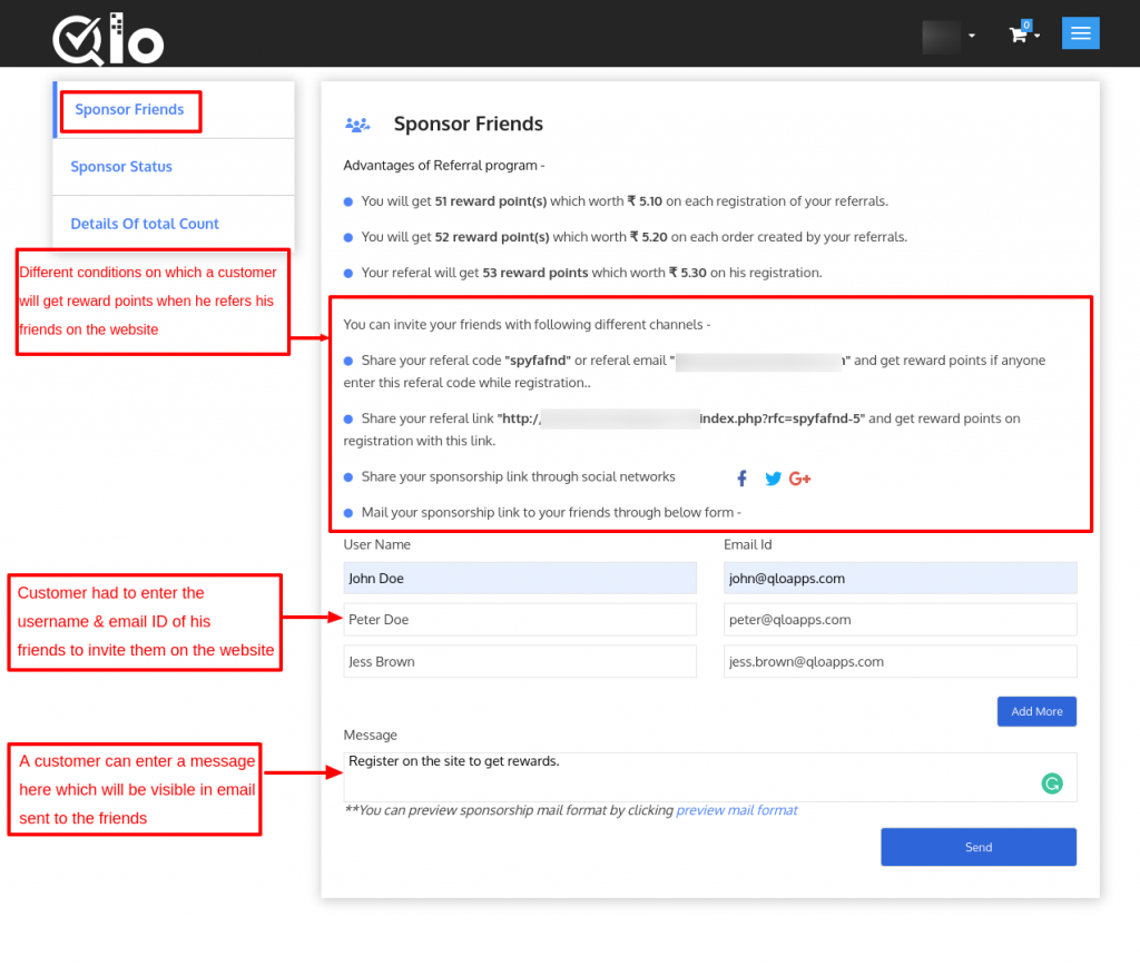 Sponsor friends in QloApps Reward System add-on.