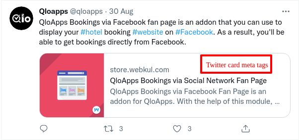 Twitter card generated using Meta Tag Rule SEO technique of QloApps SEO Optimization module.
