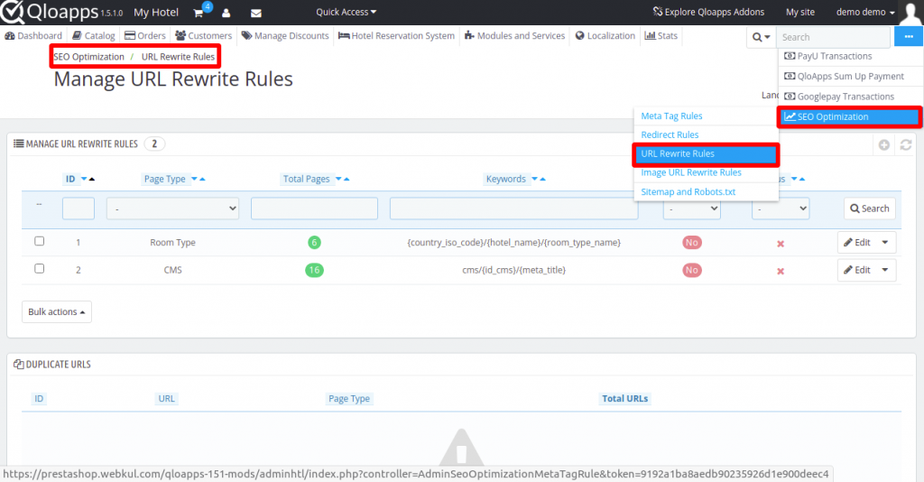 Manage URL Rewrite Rules using QloApps SEO Optimizer | Advanced SEO Manager addon.