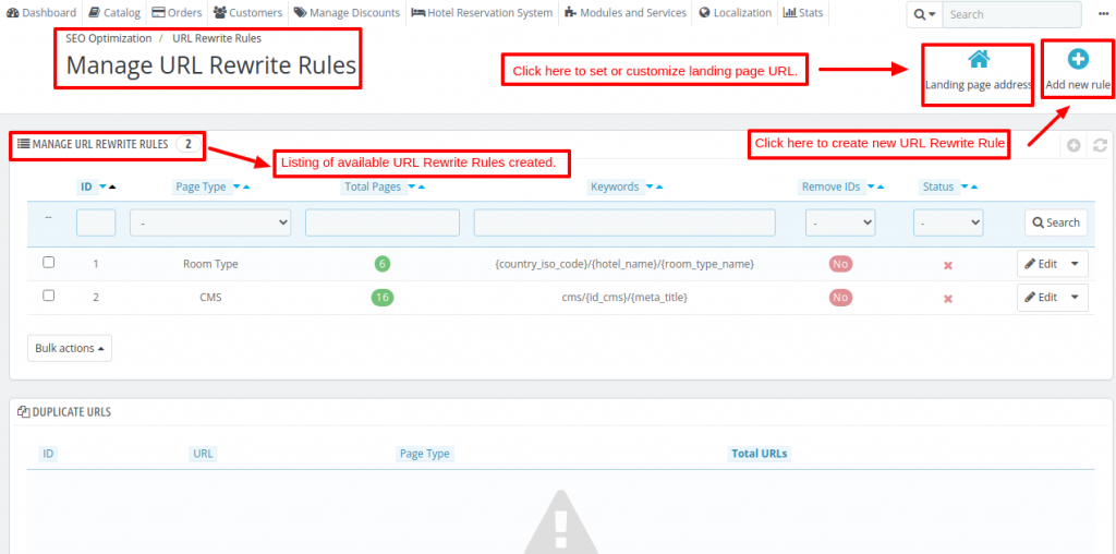 Manage listing of available URL Rewrite Rules created earlier using QloApps SEO Optimization module.