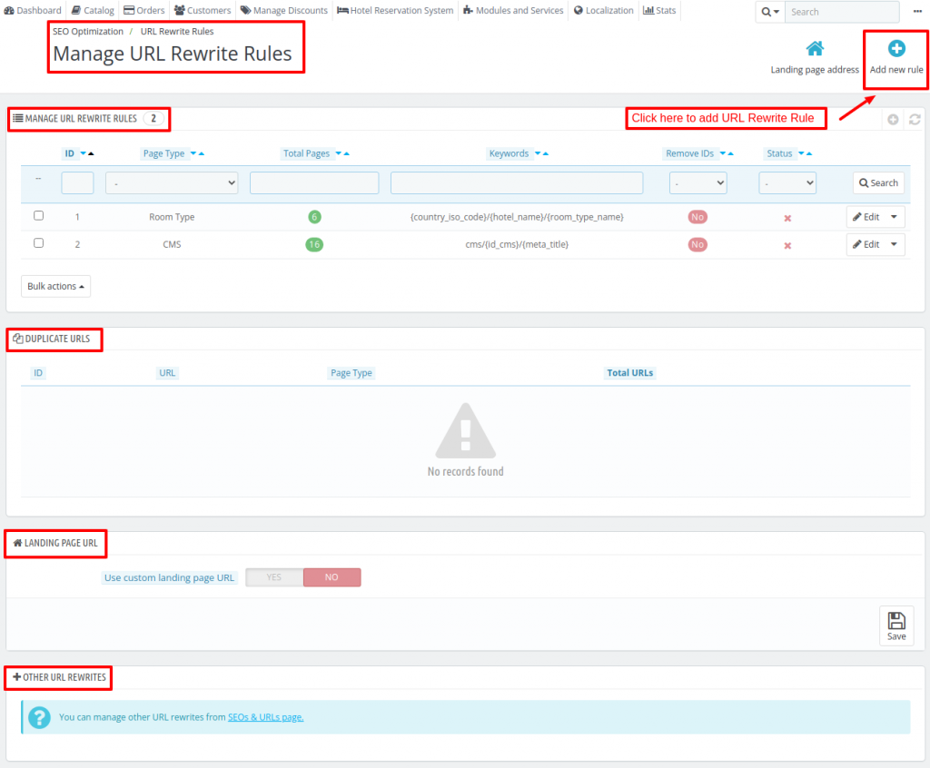 Click on Add new rule button in upper-right corner to create a URL Rewrite Rule using QloApps SEO Optimization module.