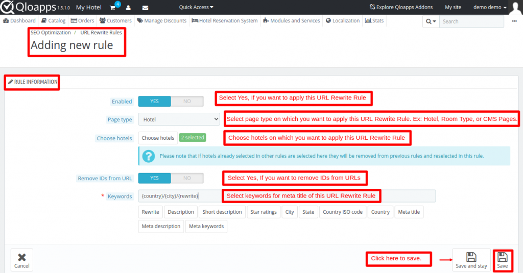 Define URL Rewrite Rule information here with the help of QloApps SEO Optimization module.