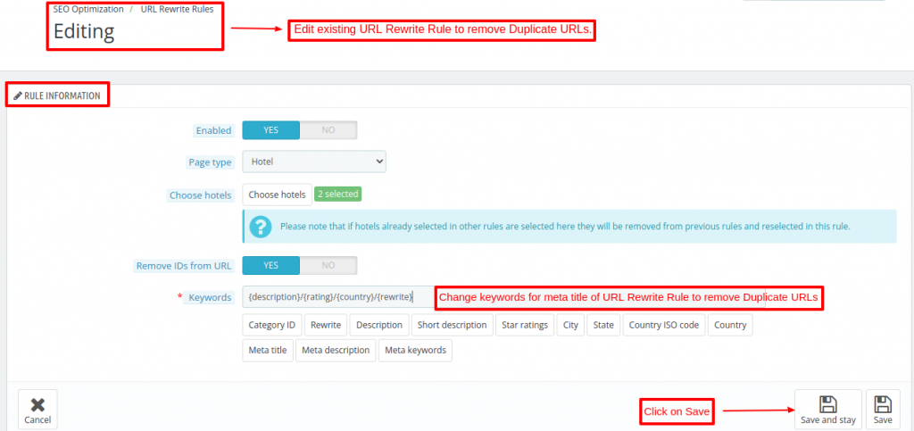 Edit an existing URL Rewrite Rule to remove Duplicate URLs using QloApps SEO Optimization module.