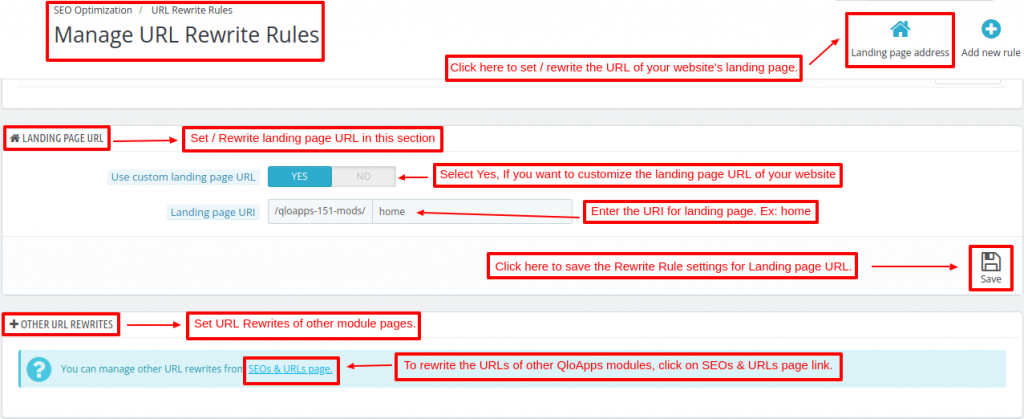 Set or Rewrite landing page URL in this section of QloApps SEO Optimization module.