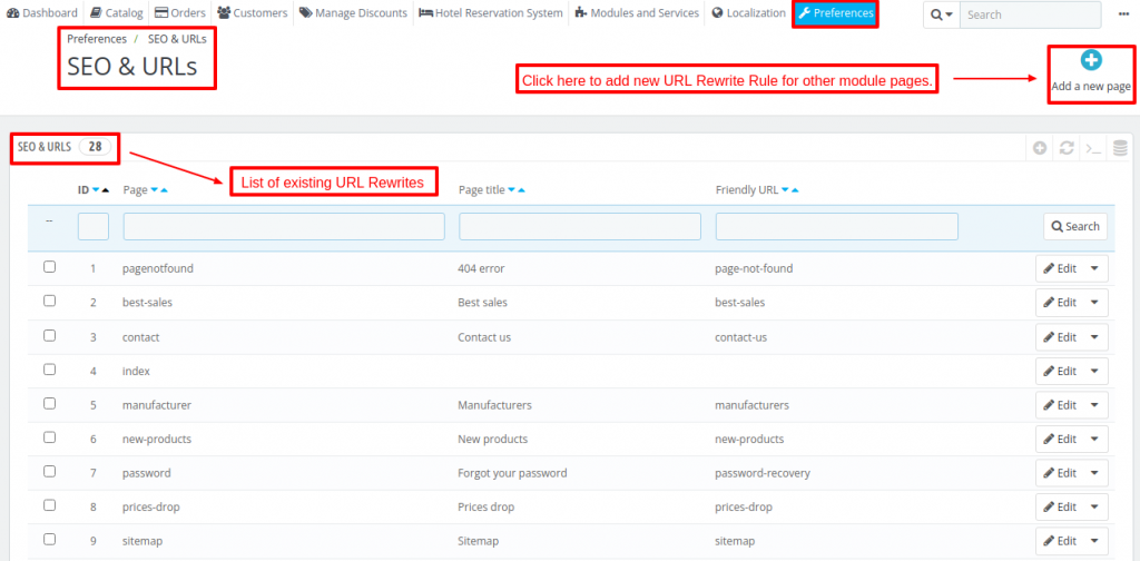 Manage listing of existing URL Rewrites and create new URL Rewrite Rule for other module pages using QloApps SEO Optimization module.