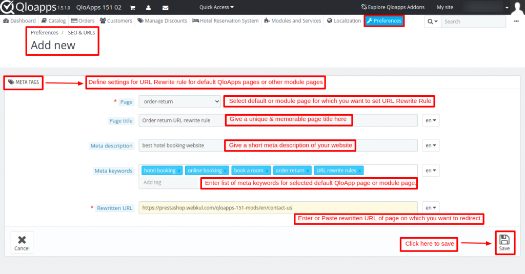 Add or Create new SEO & URLs meta tags using QloApps SEO Optimization module.