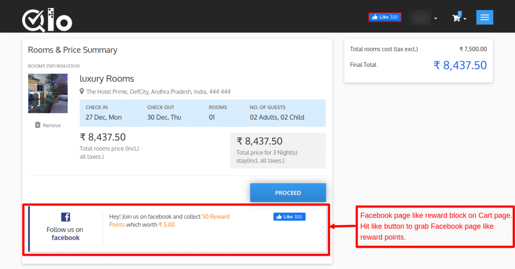 Facebook page like reward block on cart/order page in QloApps Reward System add-on.