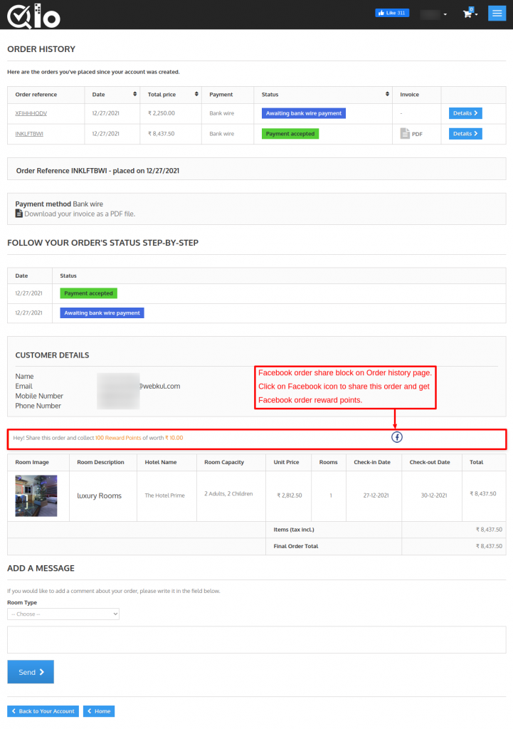 Facebook order share block on order history page on front-end in QloApps Reward System add-on.