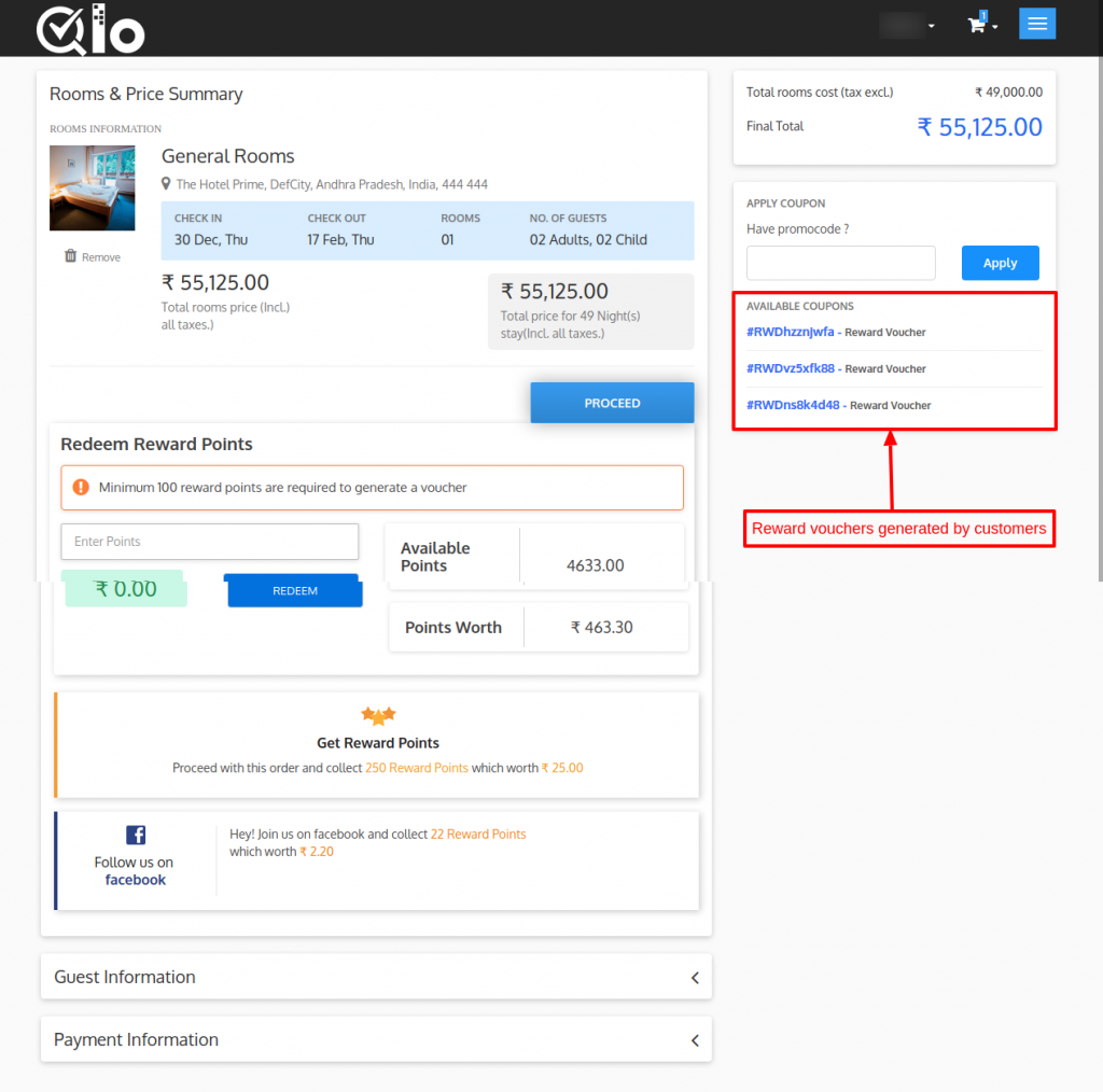 Reward vouchers generated by customers displayed on front-end to redeem them in QloApps Reward System add-on.