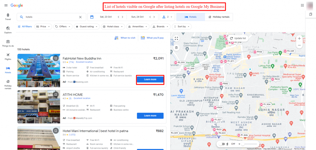 Google Hotel listing