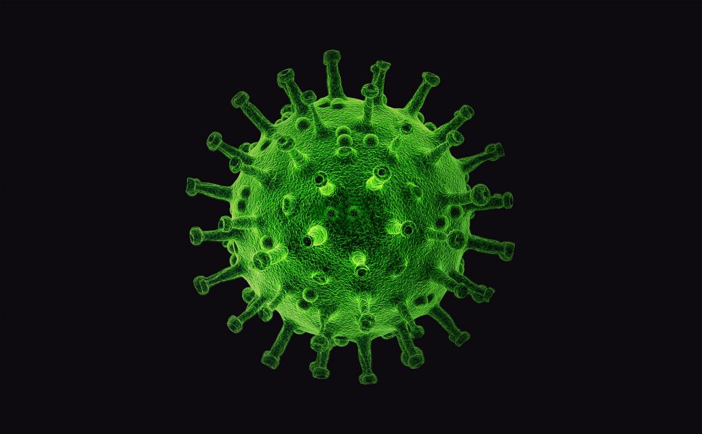 Green colour Covid-19 virus in black background will not stop hotels to succeed in the year 2022