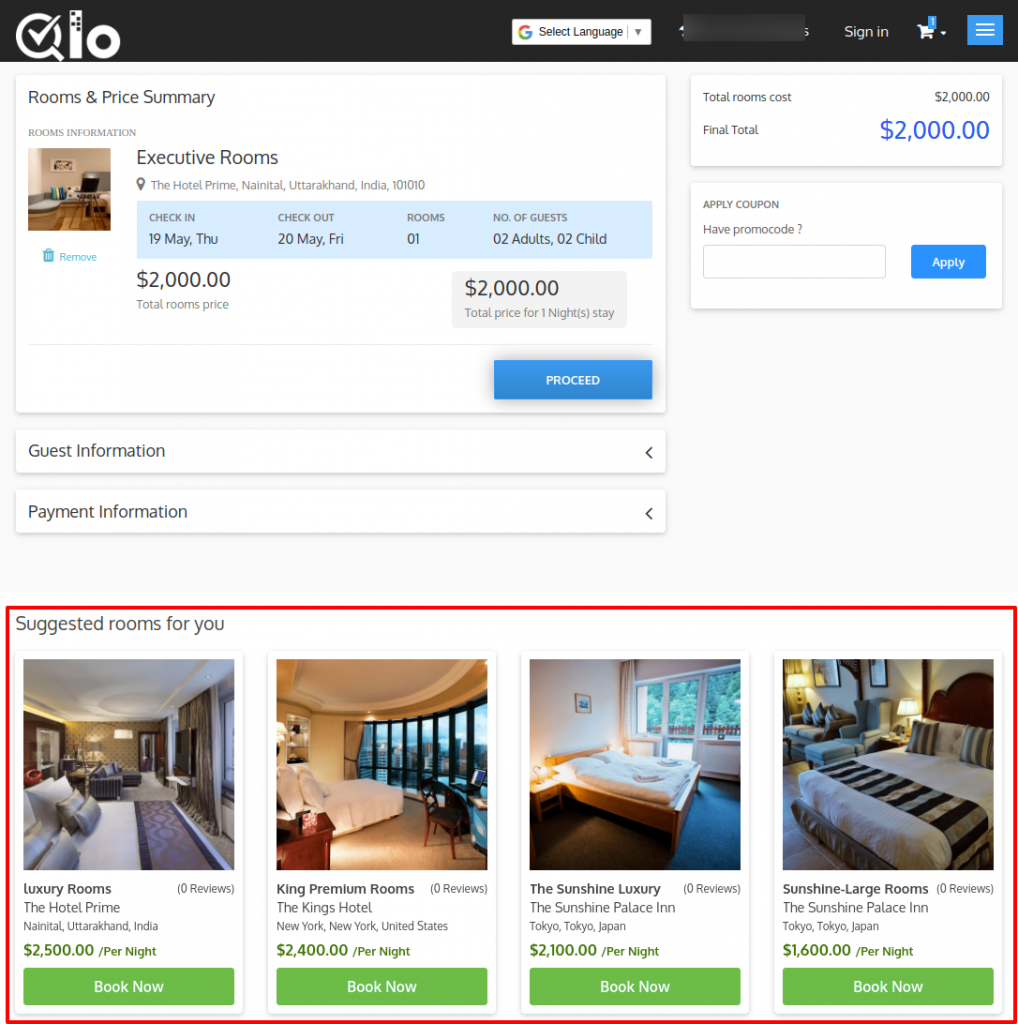Room type suggestions on checkout page
