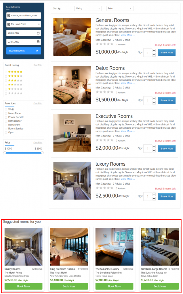 Room type suggestions on search result page