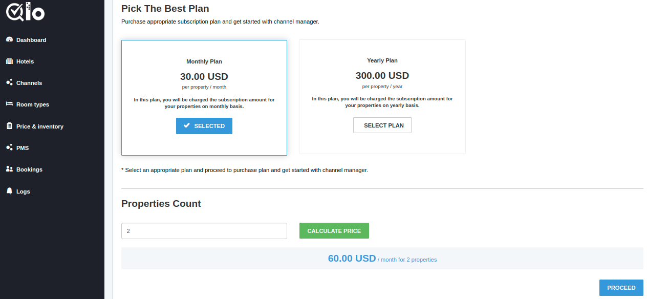property count option in QloApps channel manager upgrade plan process