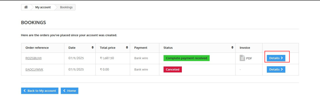 booking detail page